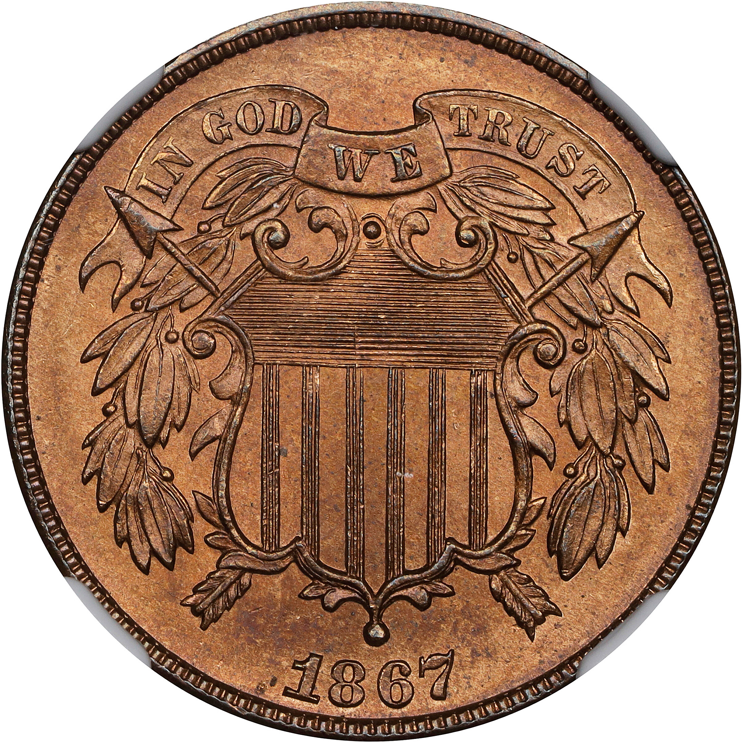 1867 Two-Cent Piece. MS-66 RB (NGC).