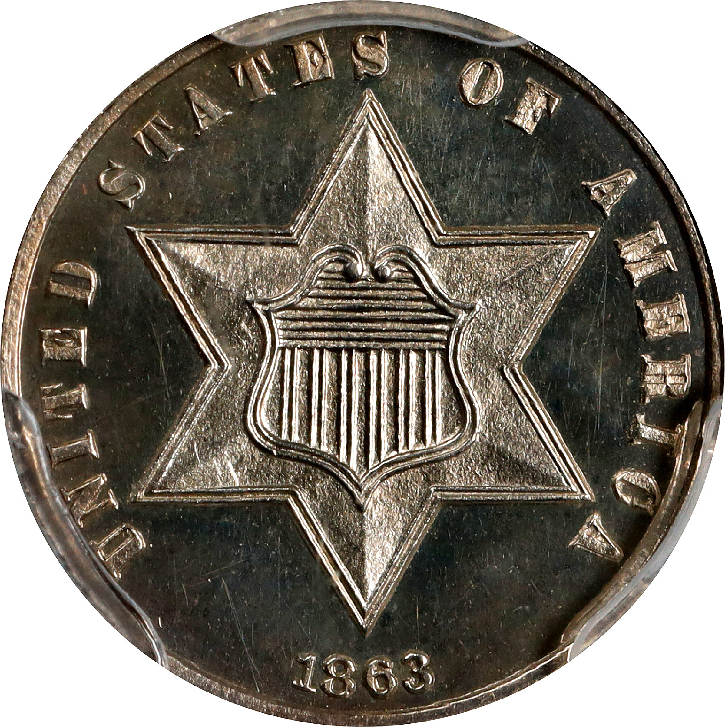 1863/2 Silver Three-Cent Piece. Proof-64 Cameo (PCGS). CAC.