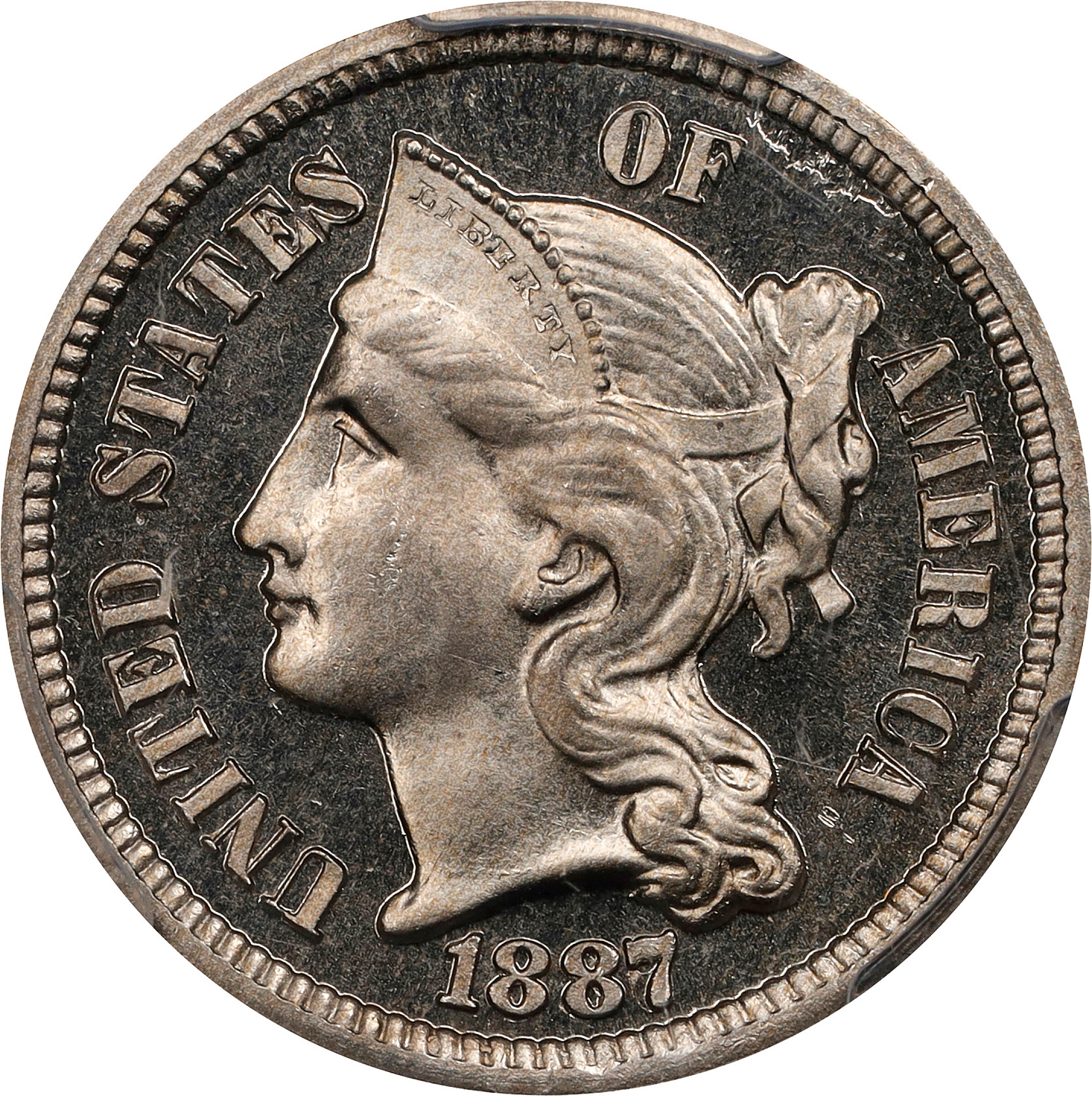 1887/6 Nickel Three-Cent Piece. FS-302. Strong Overdate. Proof-67 Cameo (PCGS).