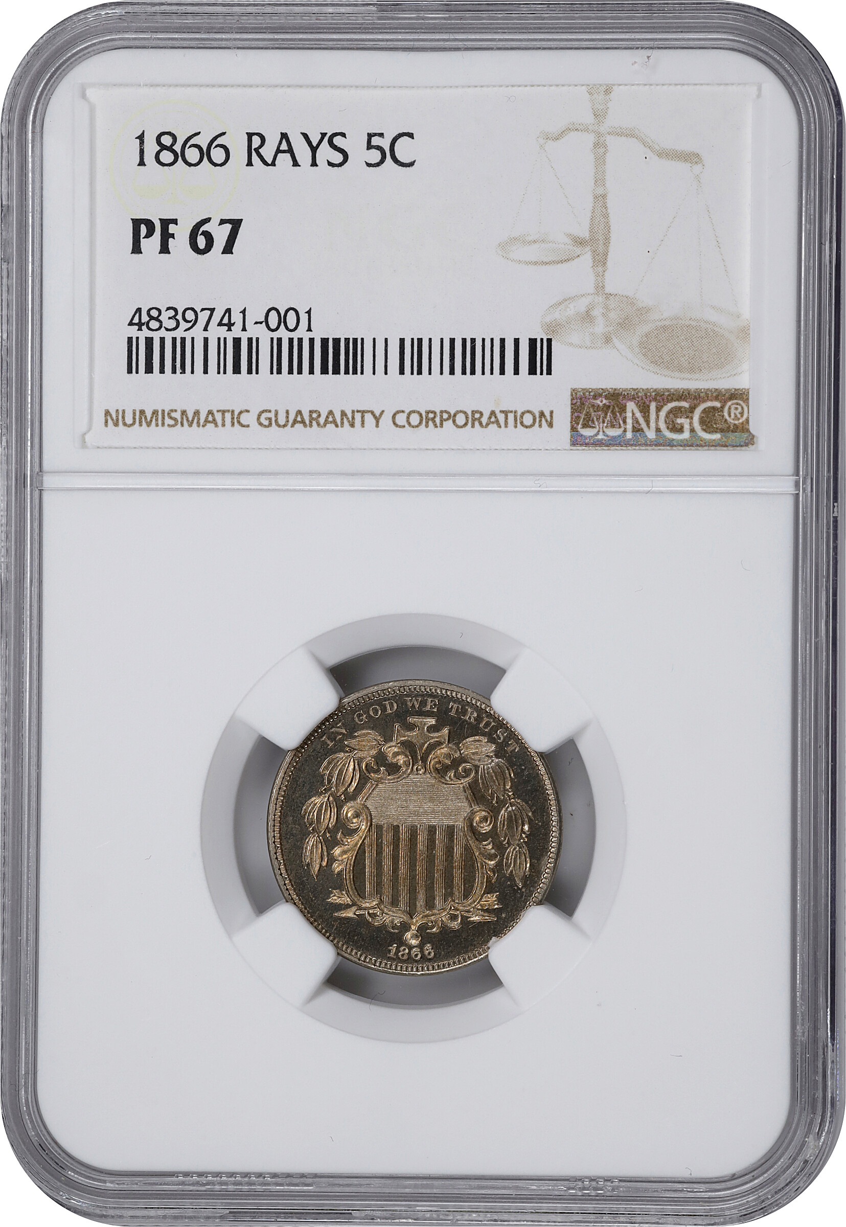 Shield Nickel 5c Rays, 1866-1867 [Type] PR67 thumbnail 3