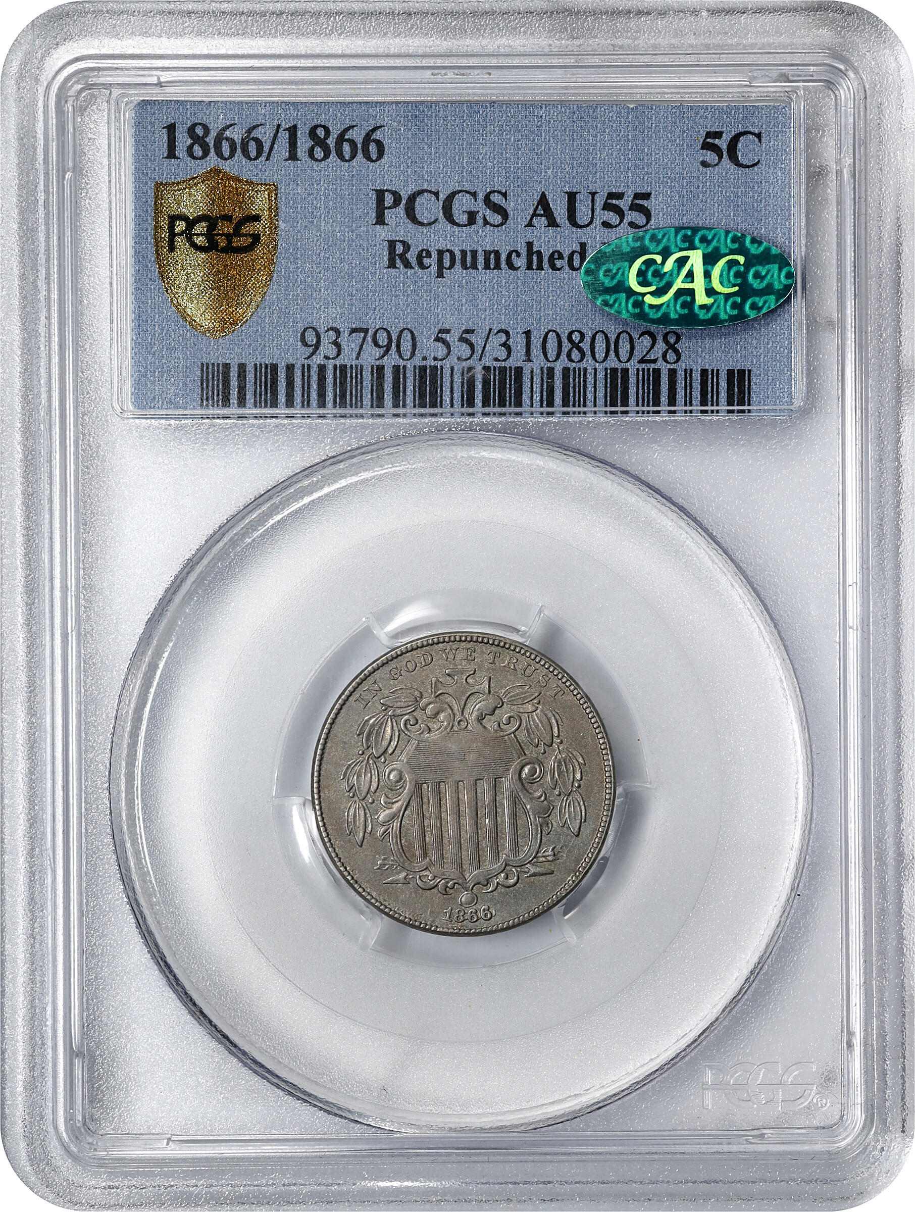 1866/1866 5c Rays, Repunched Date MS60 CAC thumbnail 9