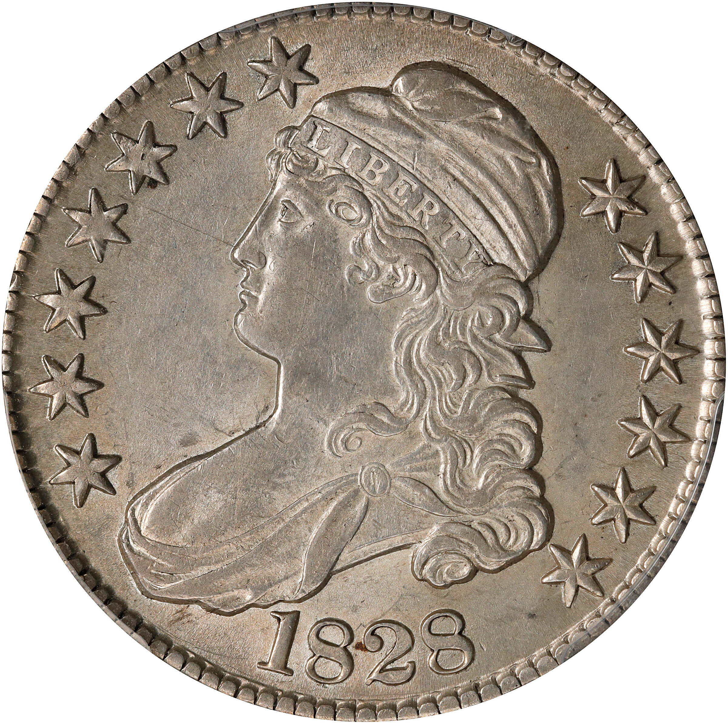 1828 Capped Bust Half Dollar. O-107. Rarity-1. Curl Base Knob 2. AU-58 (PCGS).