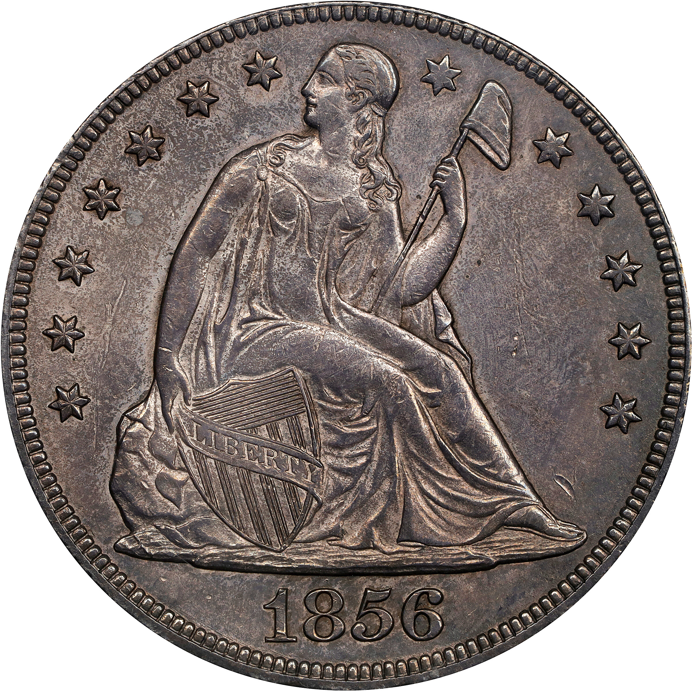 1856 Liberty Seated Silver Dollar. OC-1. Top 30 Variety. Rarity-2. Repunched Date. AU-55 (PCGS).