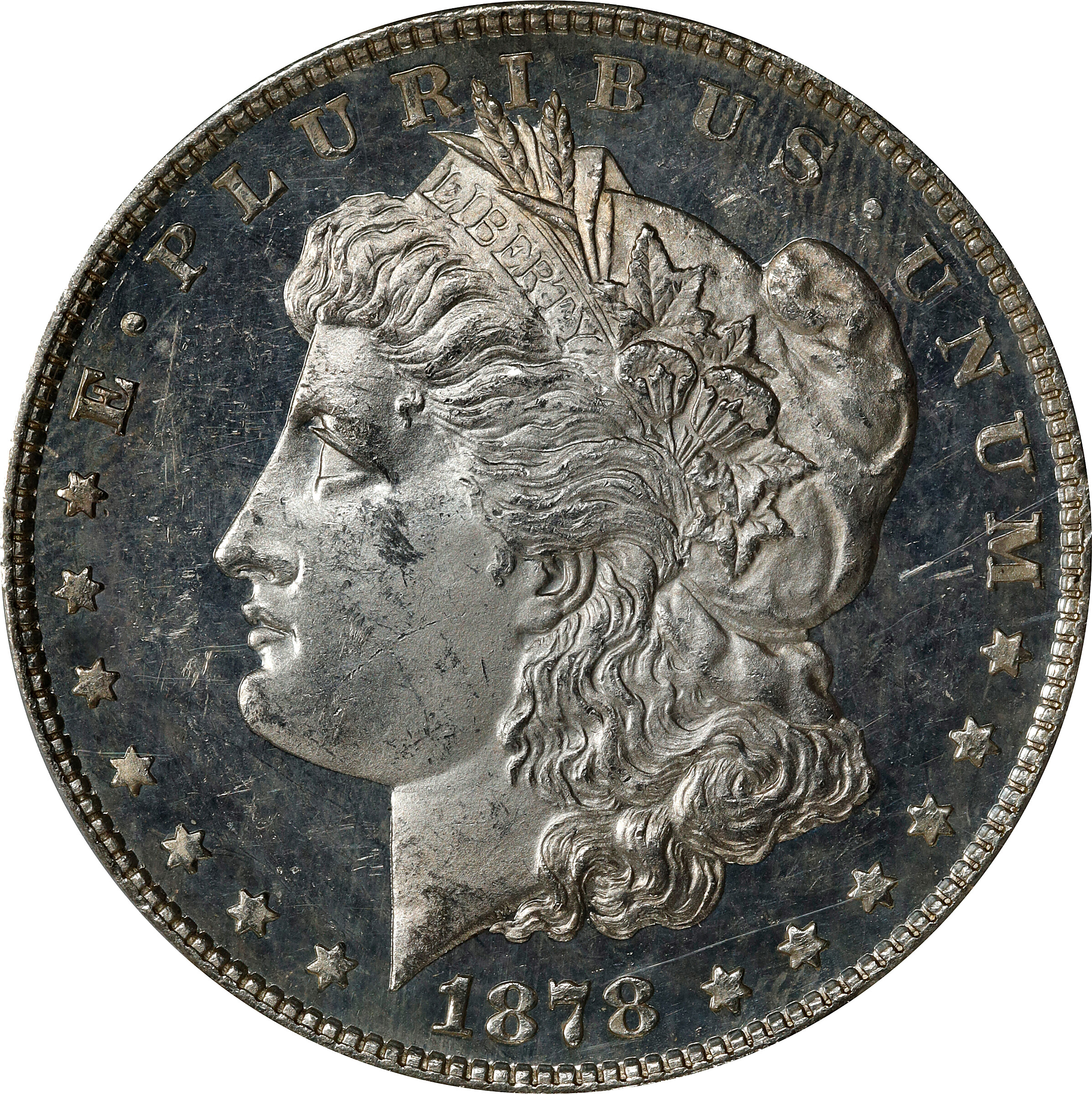 1878 Morgan Silver Dollar. 8 Tailfeathers. MS-64 DMPL (PCGS).