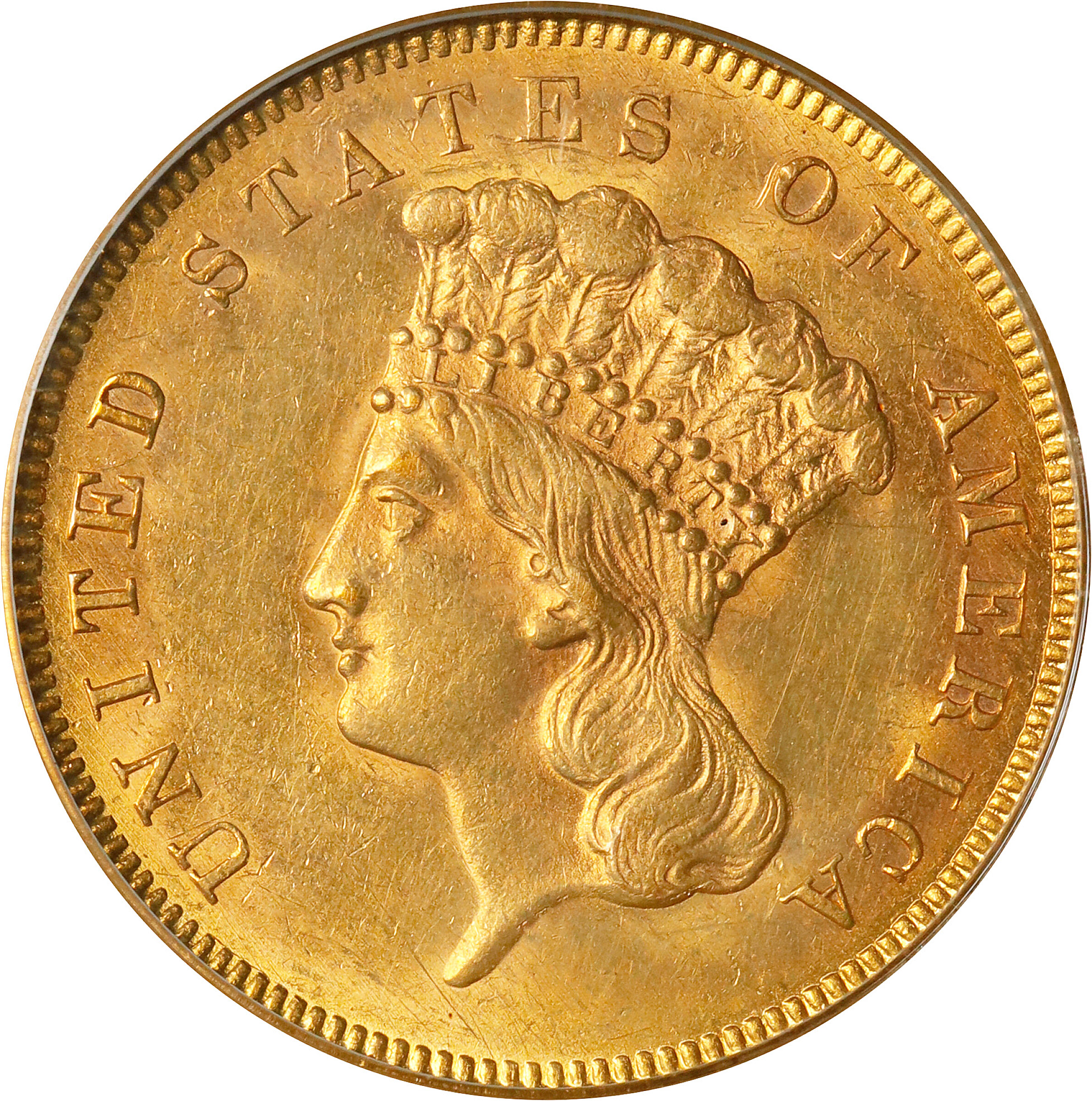 1855 Three-Dollar Gold Piece. MS-60 (PCGS). OGH.