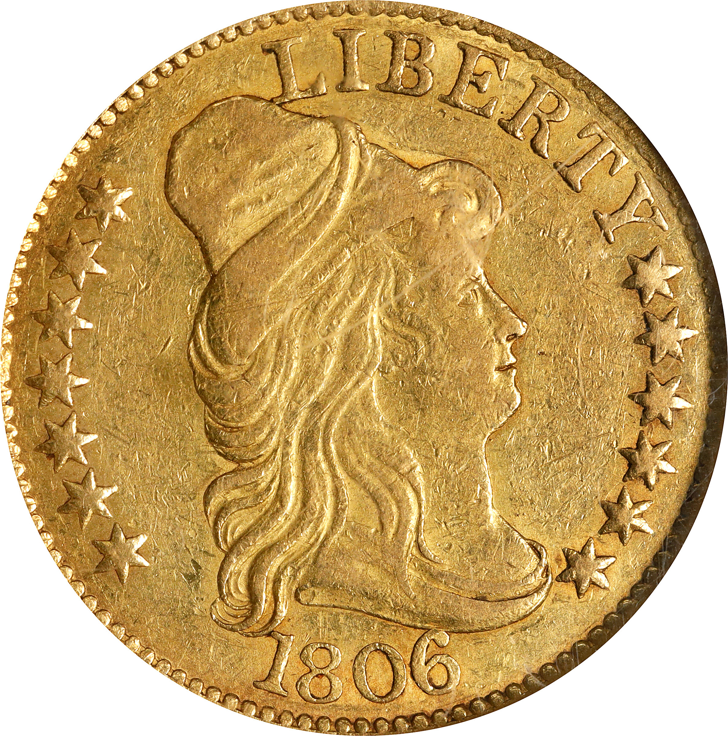 1806 Capped Bust Right Half Eagle. BD-6. Rarity-2. Round-Top 6, Stars 7x6. AU-53 (NGC). CAC.