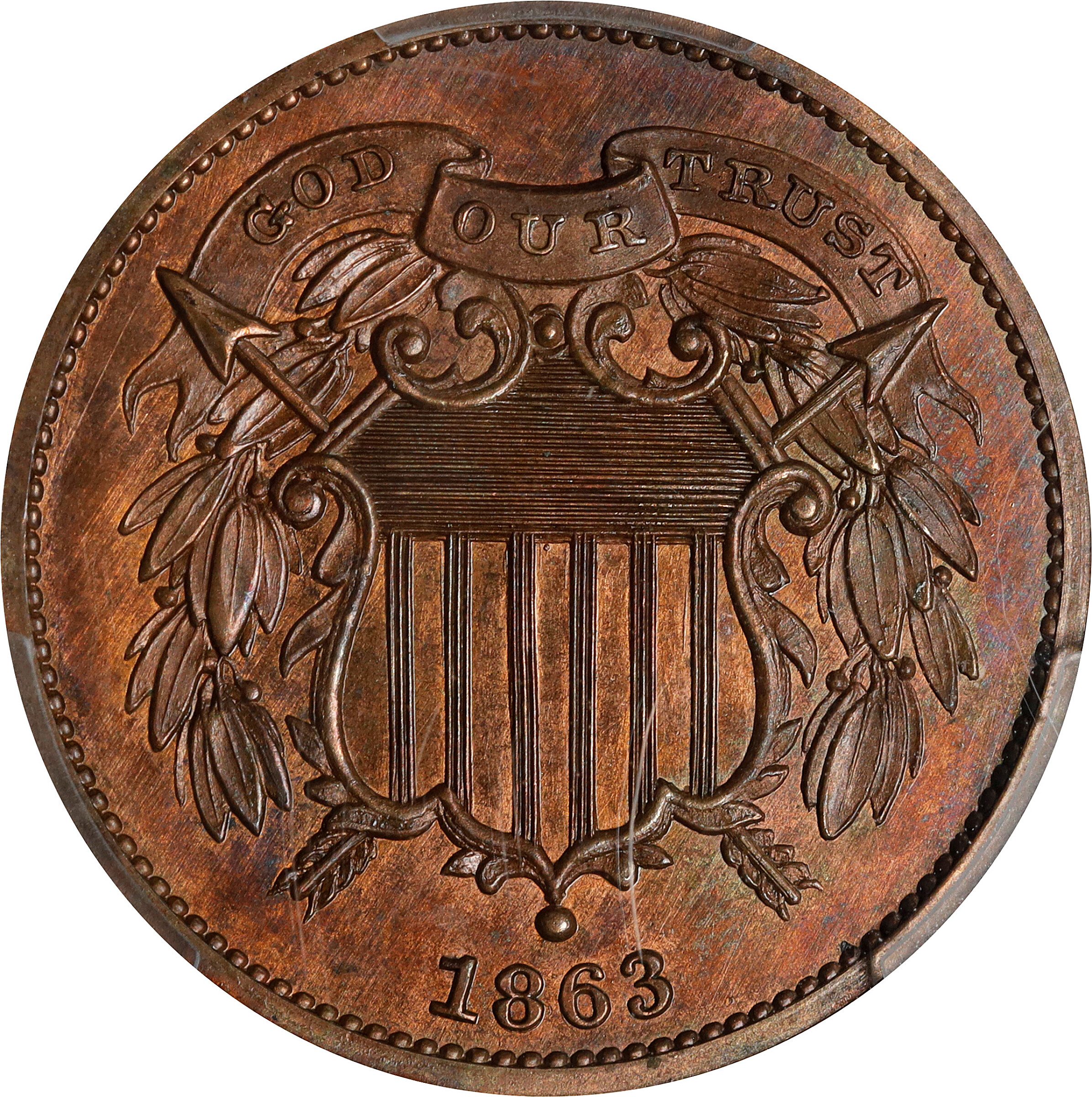 1863 Pattern Two-Cent Piece. Judd-312, Pollock-377. Rarity-4. Bronze. Plain Edge. Proof-64 BN (PCGS).