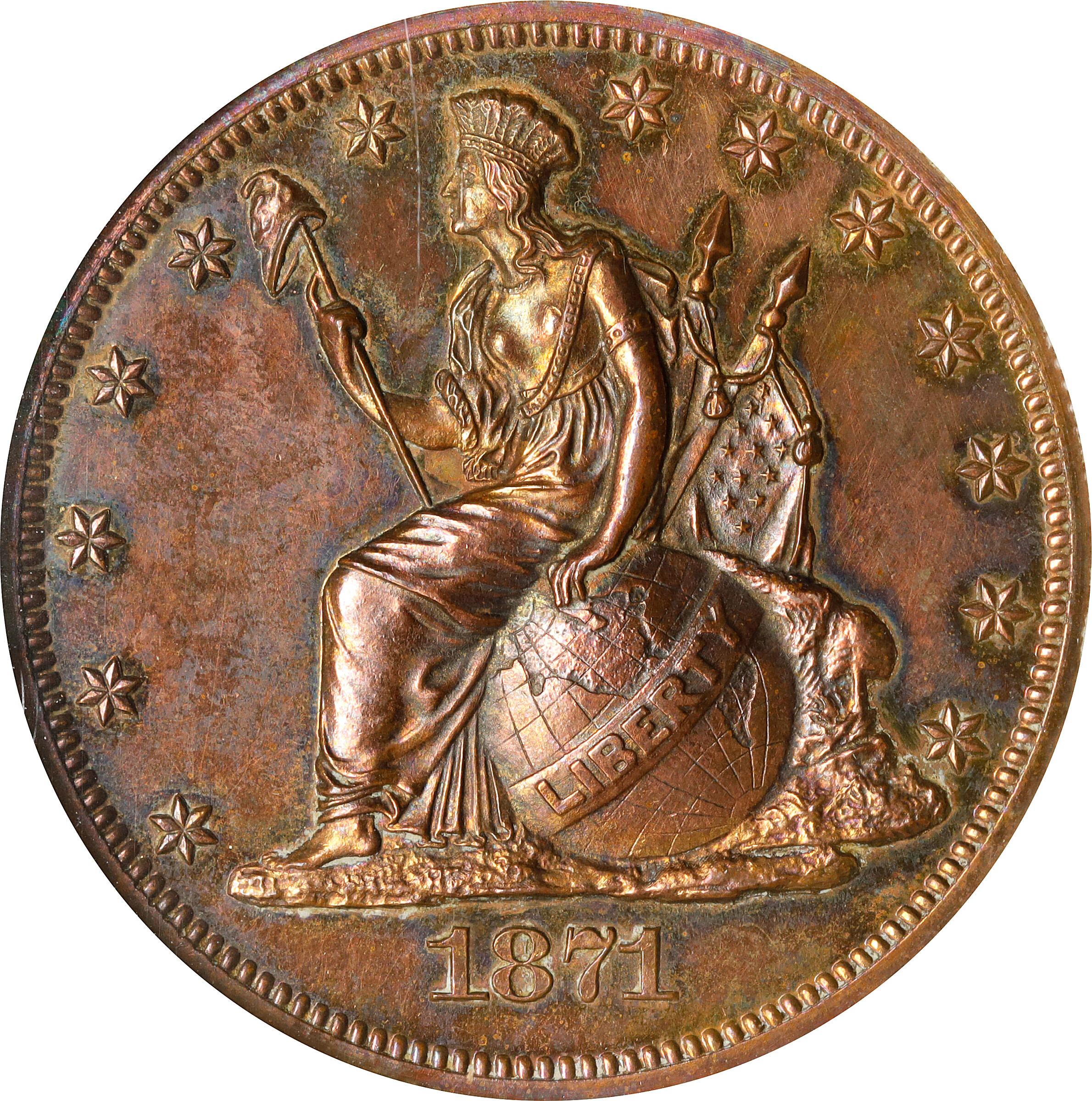 1871 Pattern Half Dollar. Judd-1115, Pollock-1251. Rarity-7-. Copper. Reeded Edge. Proof-64 RB (NGC).