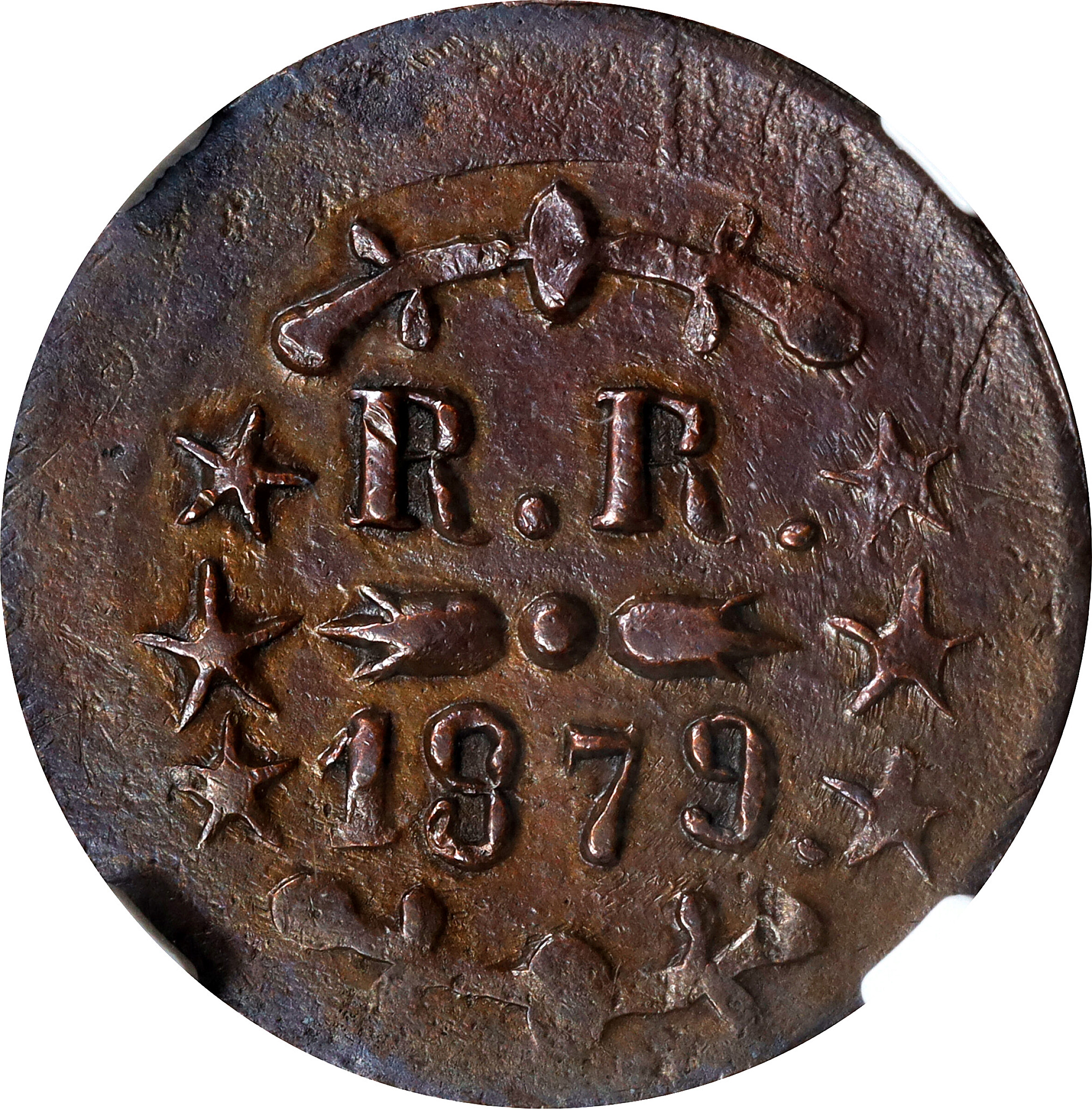 1879 Hawaii Plantation Token. Thomas H. Hobron. 12 1/2 Cents. Medcalf-Russell 2TE-8. 2/6 Stars. Thin Planchet. AU-53 BN (NGC).