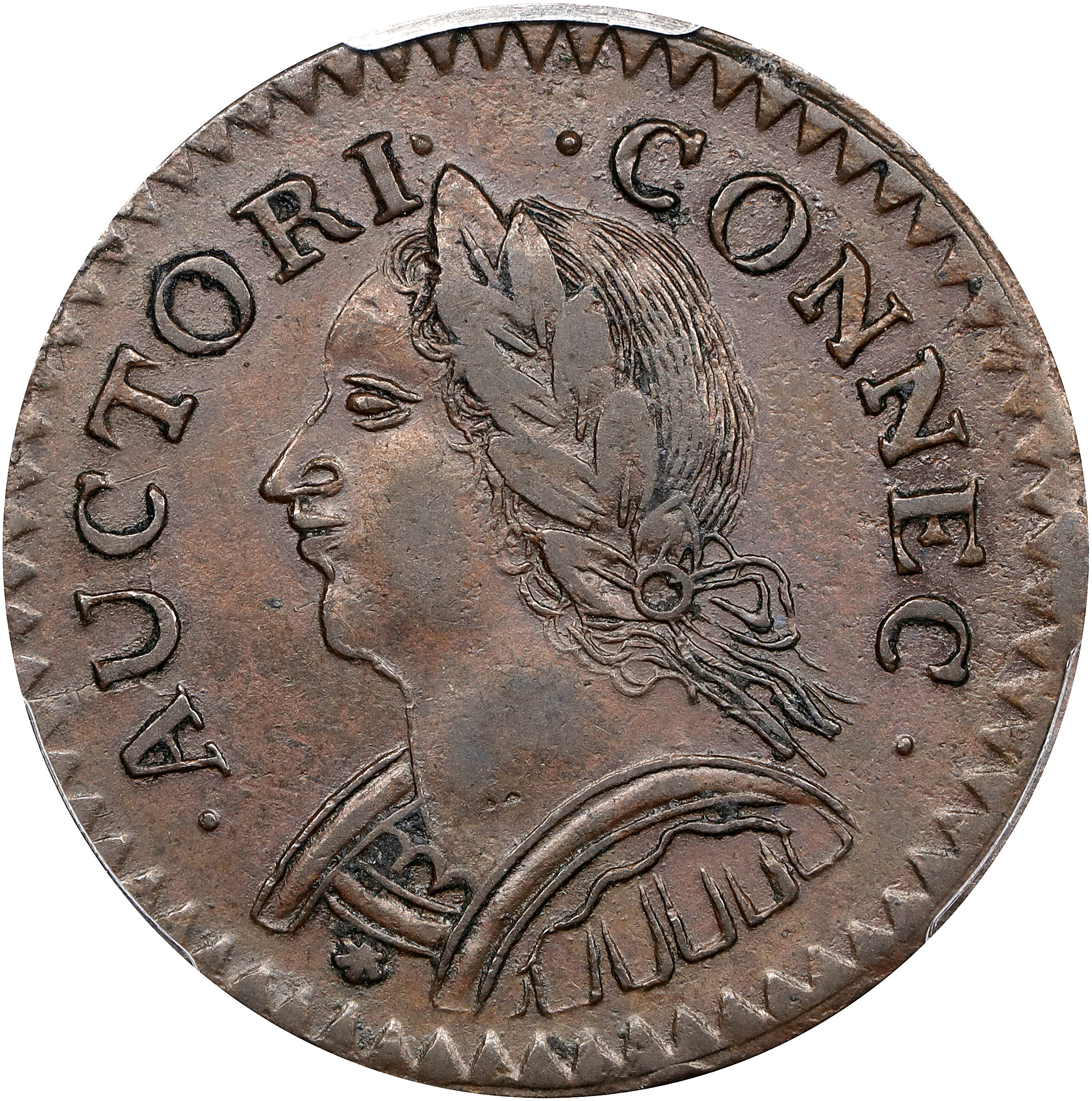 1787 Connecticut Copper. Miller 6.1-M, W-2820. Rarity-1. Mailed Bust Left, Laughing Head. AU-50 (PCGS).