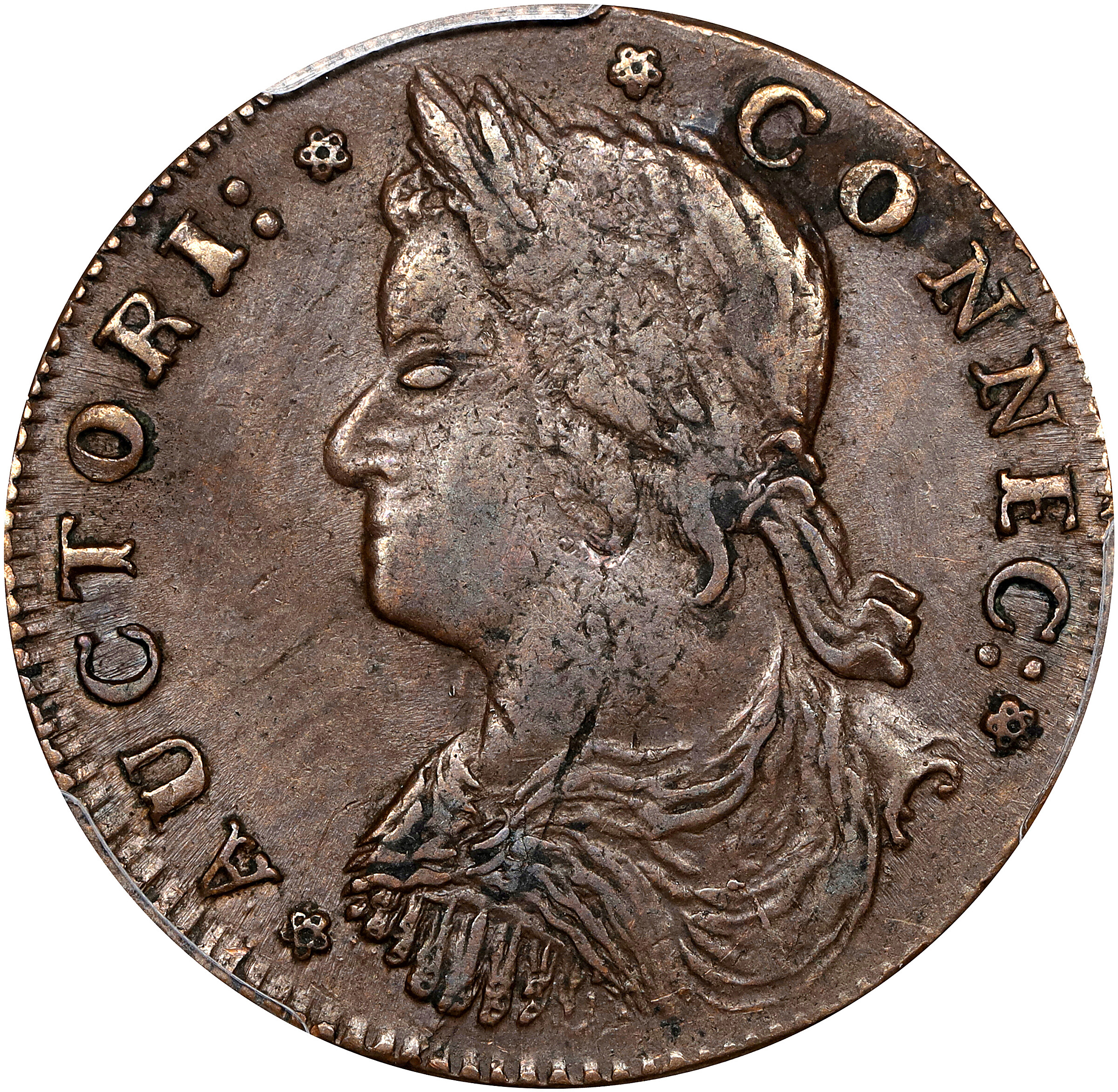 1787 Connecticut Copper. Miller 33.6-KK, W-3425. Rarity-2. Draped Bust Left, Triple Ribbon Ends. AU-58 (PCGS).
