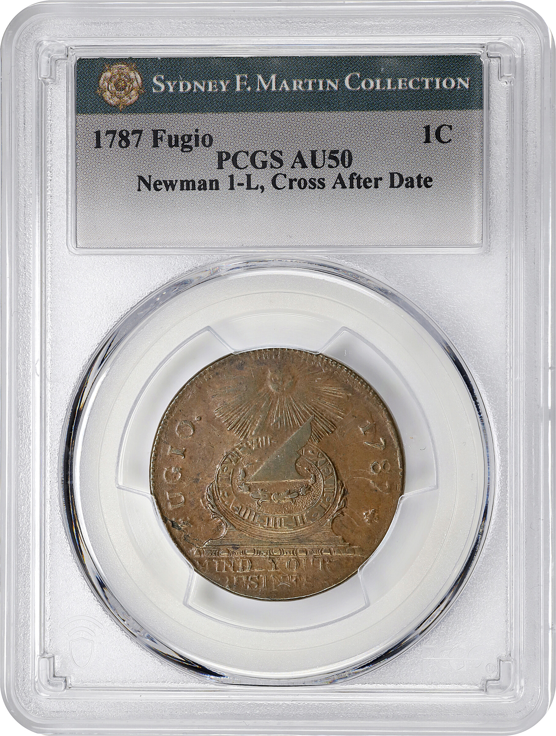 1787 Fugio 1c No Cinq, Cross After Date, STATES UNITED, Newman 1-L MS BN AU50 BN thumbnail 3
