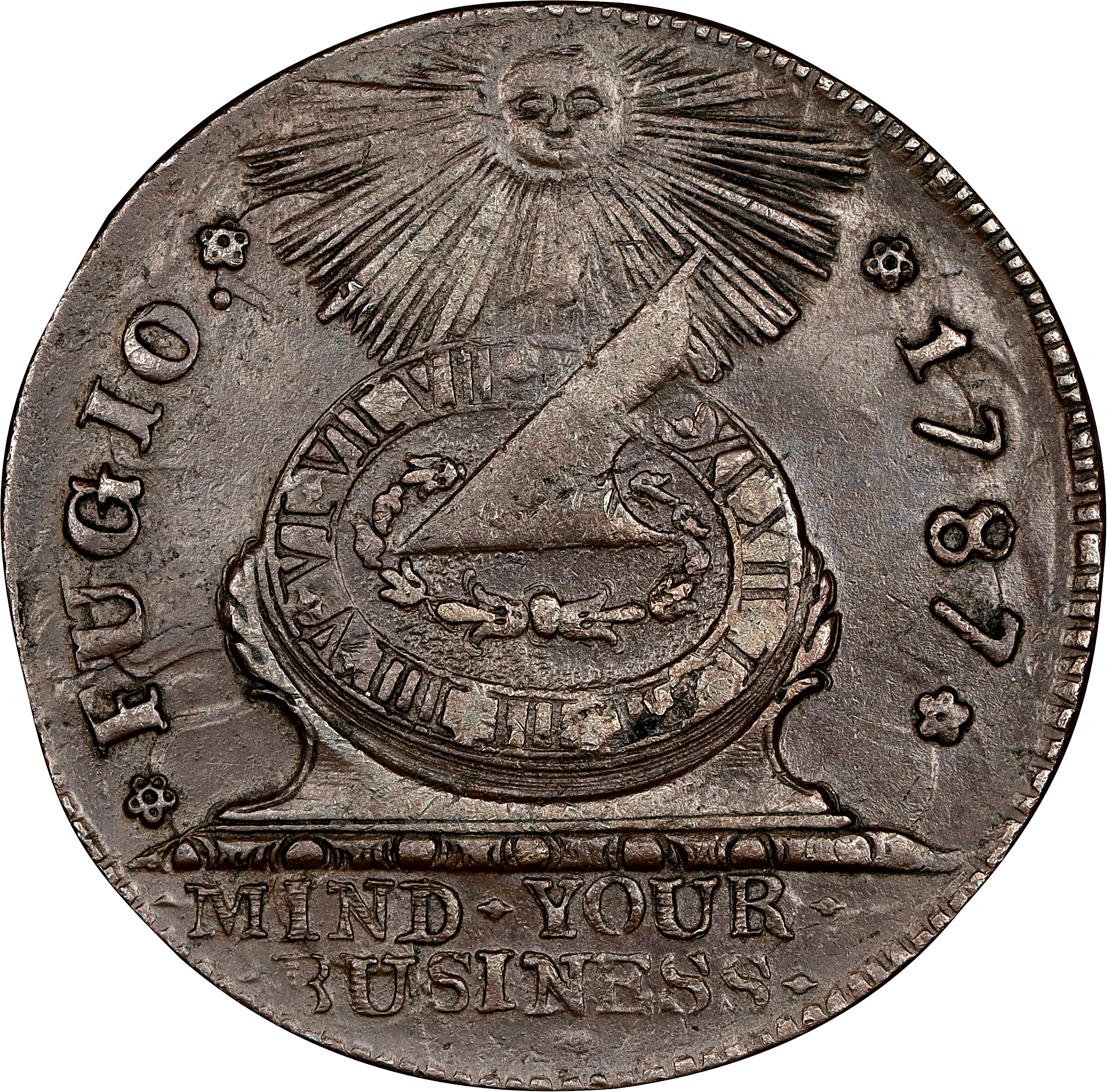 1787 Fugio Cent. Pointed Rays. Newman 13-R, W-6850. Rarity-4. STATES UNITED, 4 Cinquefoils. AU-50 (PCGS).
