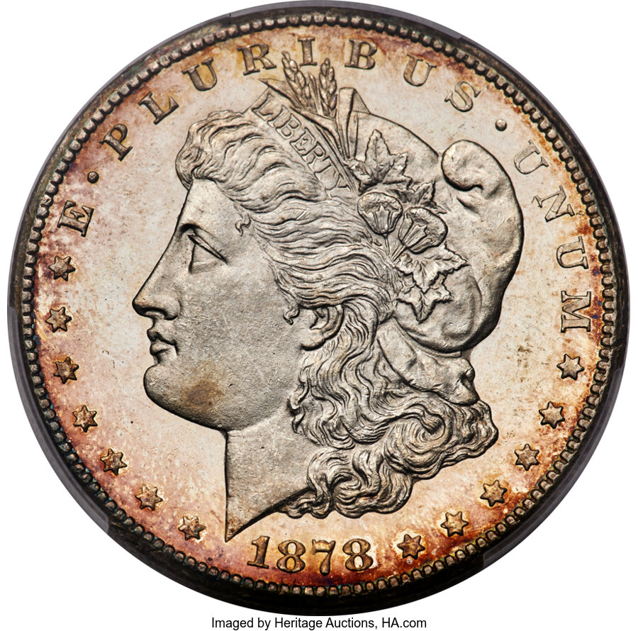 image for: 1878-CC $1 Lines in Wings, VAM-11, MS64 Deep Mirror Prooflike PCGS....