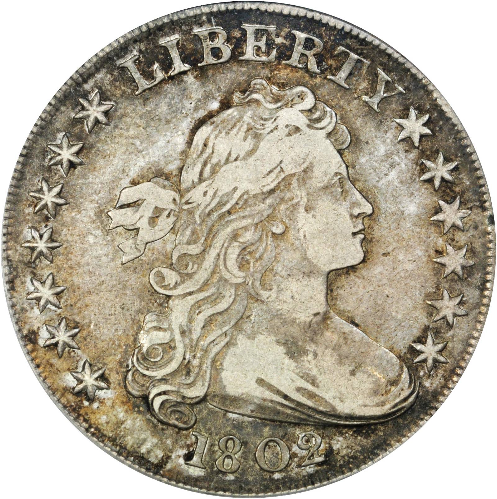 1802/1 Draped Bust Silver Dollar. B-3, BB-234. Rarity-3. BB Die State II. Wide Date. VF-35 (PCGS).
