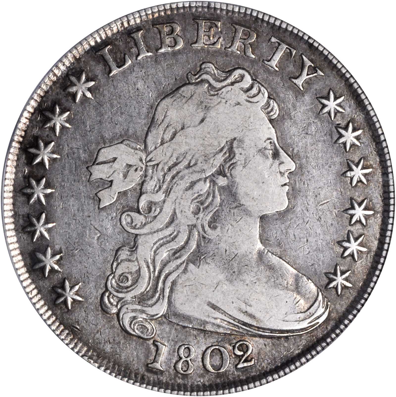 1802/1 Draped Bust Silver Dollar. BB-233, B-2. Rarity-4. Wide Date. VF-25 (PCGS).