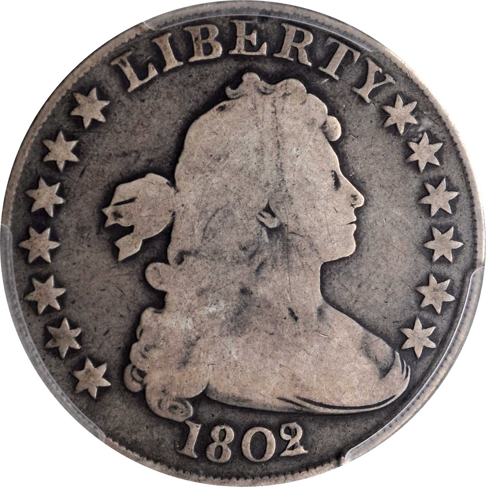 1802/1 Draped Bust Silver Dollar. BB-232, B-4. Rarity-4. Narrow Date. Good-6 (PCGS).