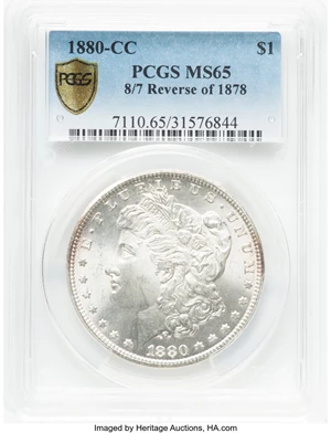 image for: 1880-CC $1 8/7, Reverse of 1878, VAM-7A, MS65 PCGS. PCGS Population: (30/6 and 1/1+). NGC Census: (147/22 and 6/2+). CDN: $...