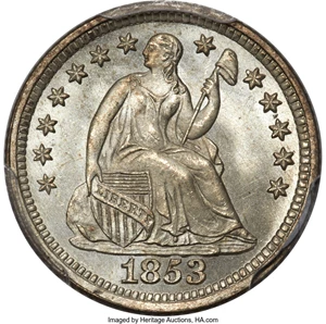 image for: 1853 H10C No Arrows MS67 PCGS. CAC....