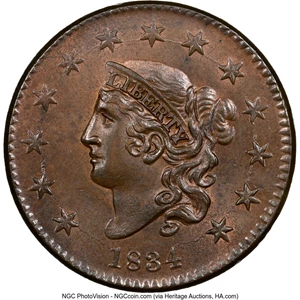 image for: 1834 1C Large 8, Small Stars, Medium Letters, MS64 Brown NGC. NGC Census: (14/12). PCGS Population: (8/1). CDN: $2,750 Whsl...