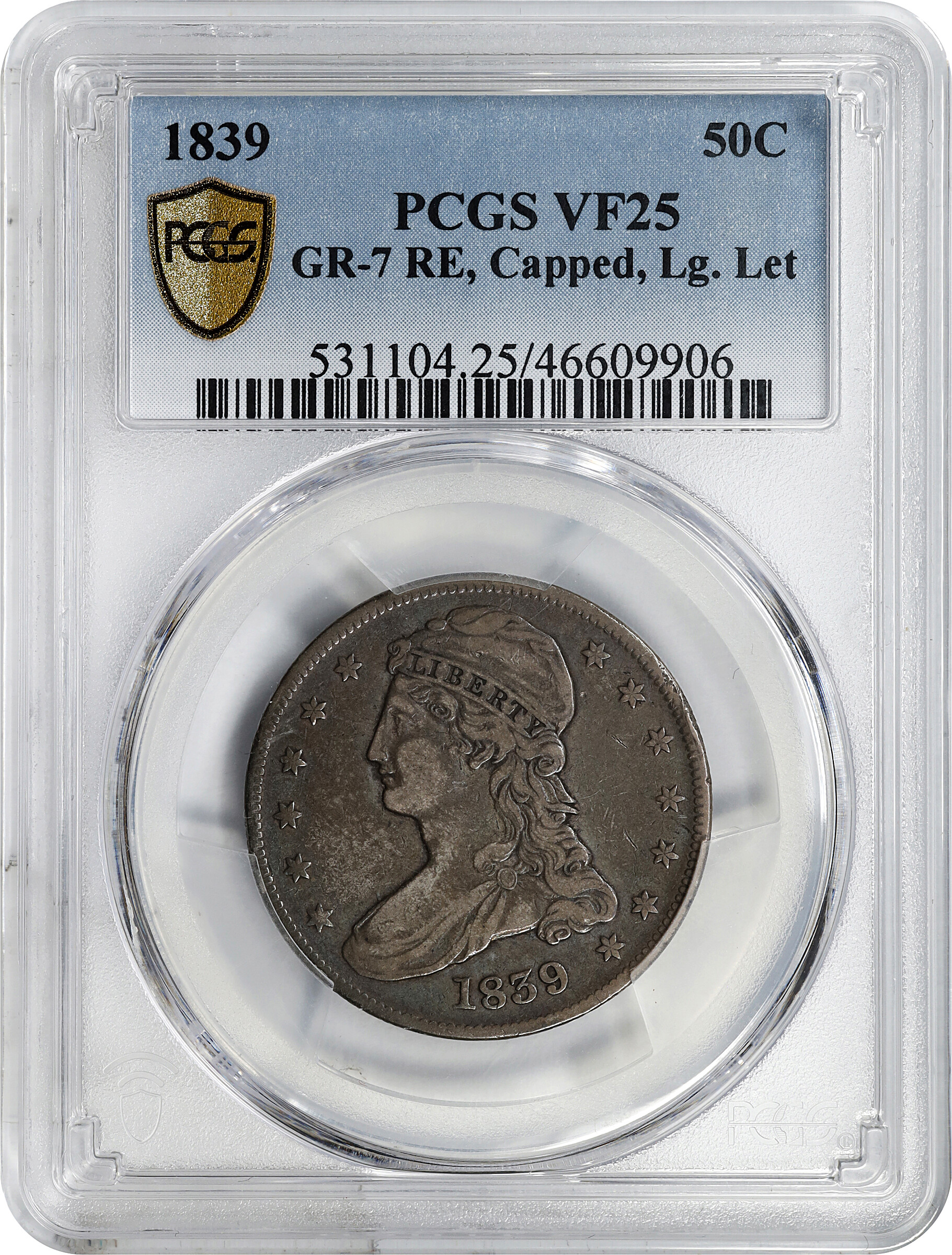 1839 50c Reeded Edge, Large Letters Reverse, GR-7 G4 CAC thumbnail 18