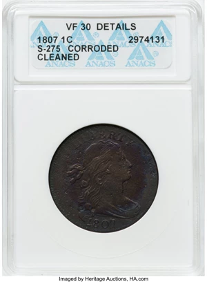 image for: 1807 1C Large Fraction, S-275, B-5, R.3, -- Cleaned, Corroded -- ANACS. VF30 Details....