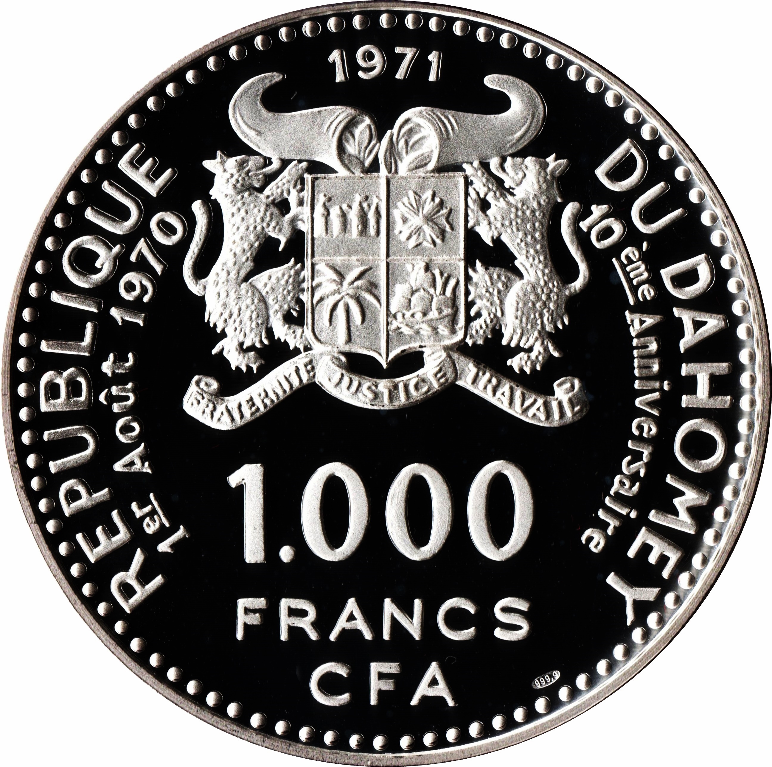 1971 1000 Fr Hallmark "1000" below "CFA", Proof PR