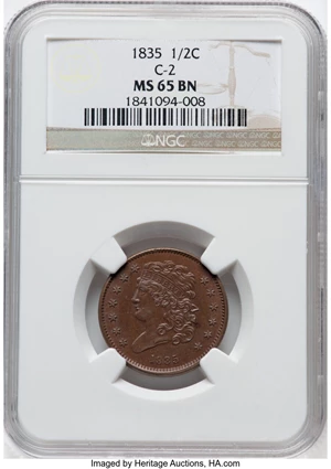 image for: 1835 1/2 C C-2, B-2, R.1, MS65 Brown NGC. NGC Census: (4/0). PCGS Population: (0/0). CDN: $1,500 Whsle. Bid for NGC/PCGS MS...