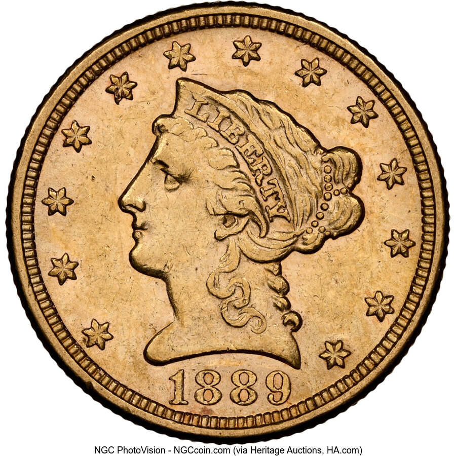 1889 $2 1/2 AU58 NGC. NGC Census: (50/365). PCGS Population: (49/301). CDN: $506 Whsle. Bid for NGC/PCGS AU58. Mintage 17,6...
