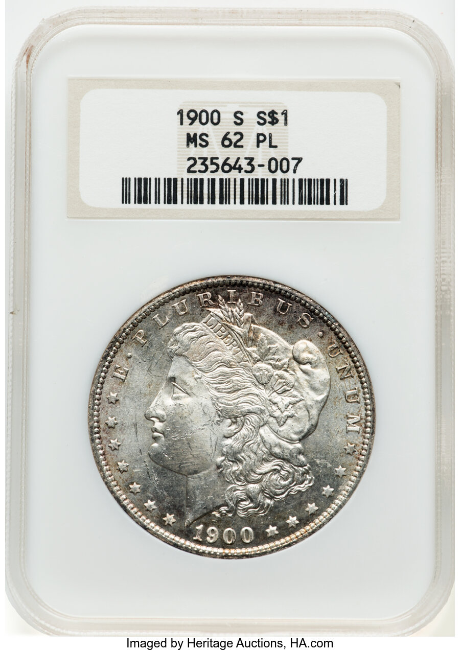 1900-S $1 MS62 Prooflike NGC. NGC Census: (26/126). PCGS Population: (39/173). CDN: $522.50.Whsle. Bid for NGC/PCGS MS62. M...