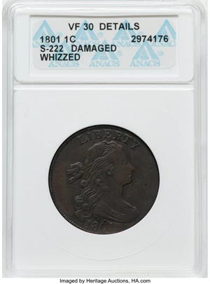 image for: 1801 1C S-222, B-16, R.1, -- Damaged, Whizzed -- ANACS. VF30 Details....