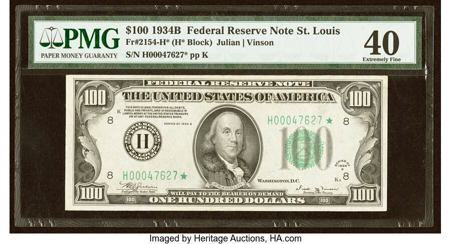 Fr. 2154-H* $100 1934B Federal Reserve Star Note. PMG Extremely Fine 40....