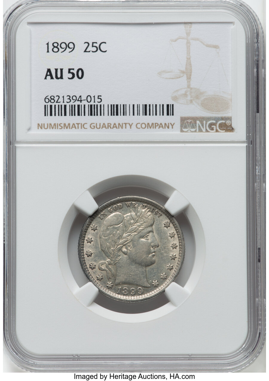 1899 25C AU50 NGC. NGC Census: (12/349). PCGS Population: (26/468). CDN: $105 Whsle. Bid for NGC/PCGS AU50. Mintage 12,624,...
