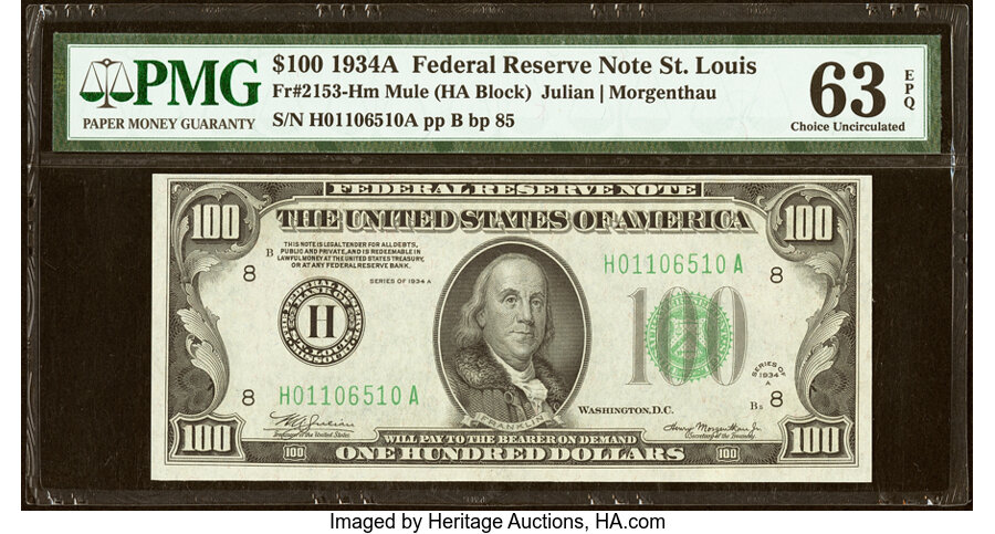 Fr. 2153-H $100 1934A Mule Federal Reserve Note. PMG Choice Uncirculated 63 EPQ....