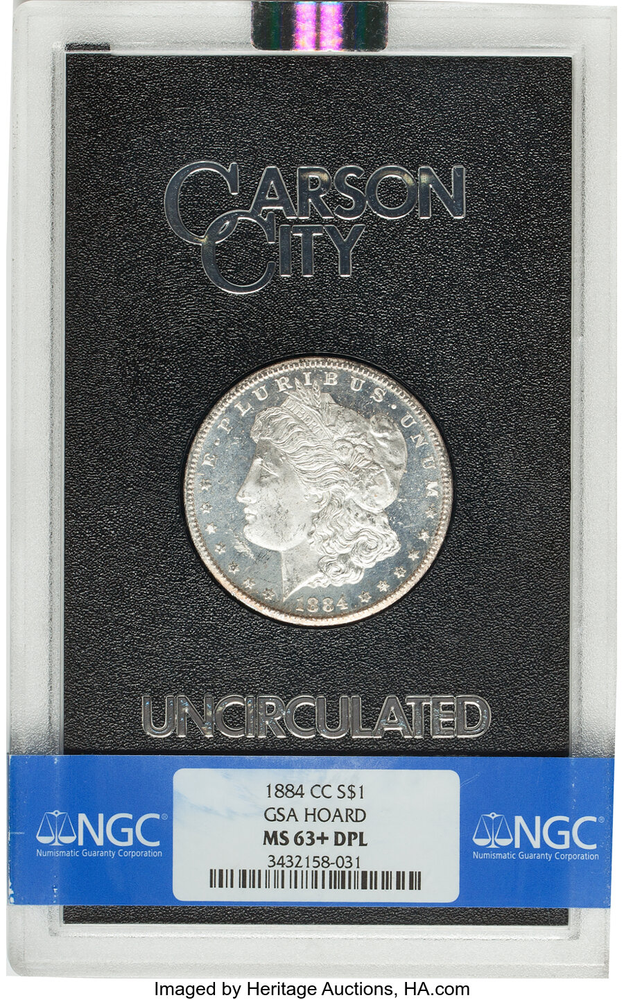 image for: 1884-CC $1 GSA MS63+ Deep Mirror Prooflike NGC. NGC Census: (377/387 and 13/21+). PCGS Population: (19/48 and 2/8+). MS63. ...