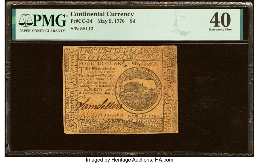 Continental Currency May 9, 1776 $4 PMG Extremely Fine 40....