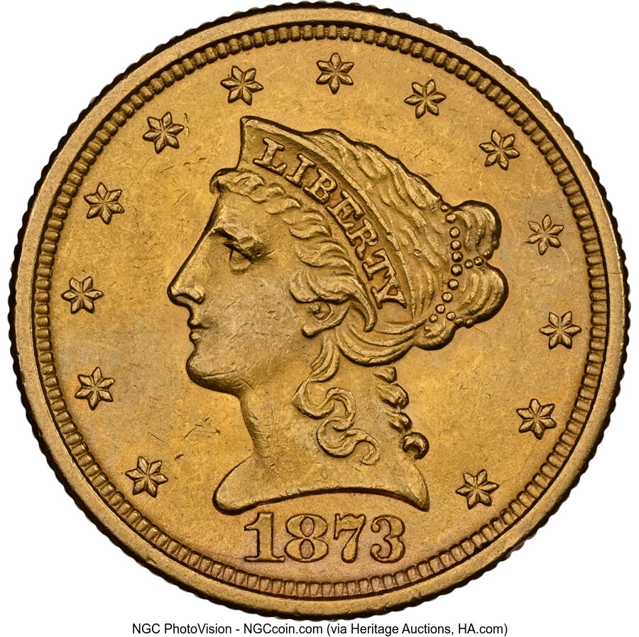 1873 $2 1/2 Open 3 MS62 NGC. NGC Census: (209/160). PCGS Population: (154/191). CDN: $560 Whsle. Bid for NGC/PCGS MS62. Min...