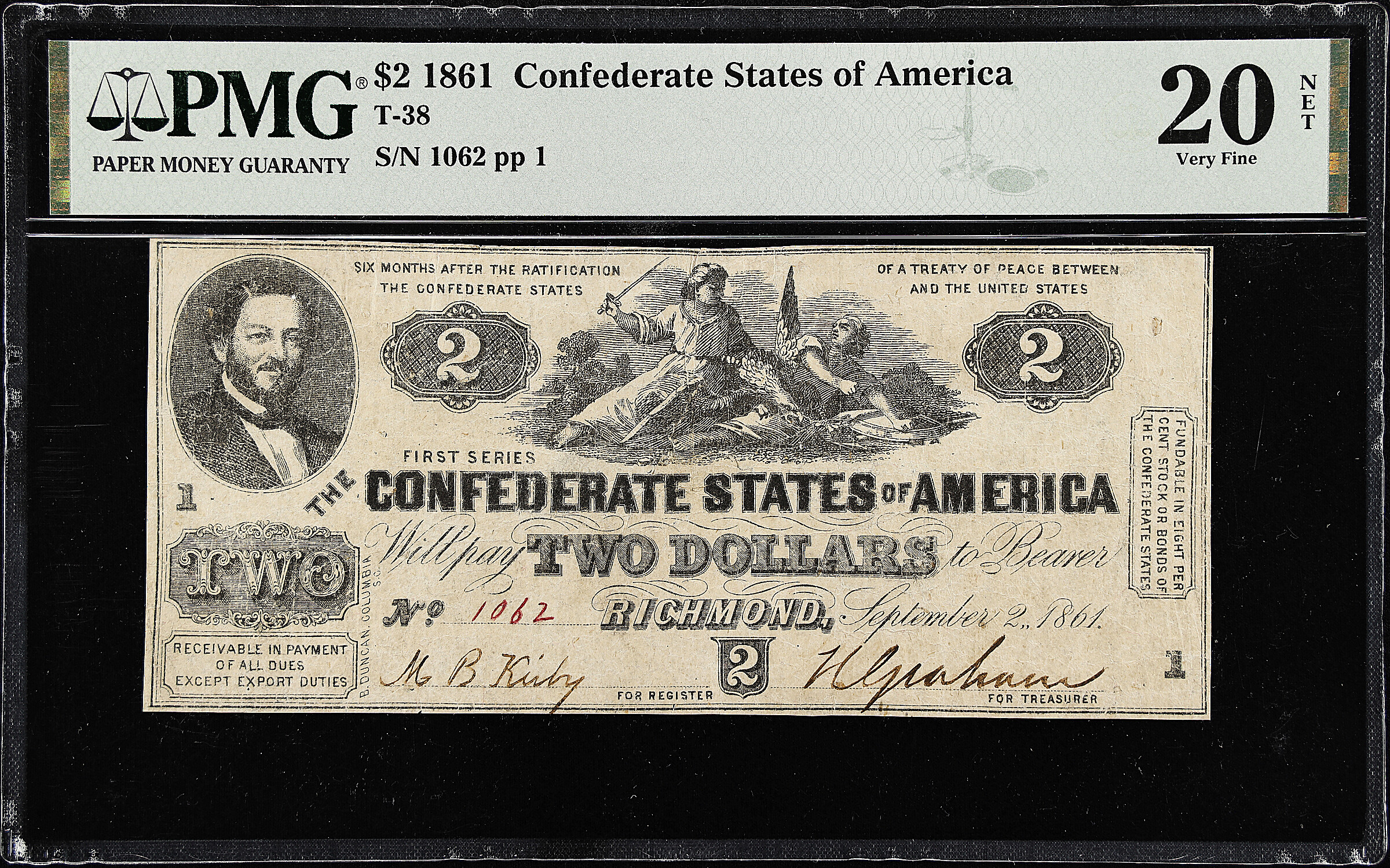 image for: T-38.  Confederate Currency.  1861 $2.  PMG Very Fine 20 Net. Repaired.