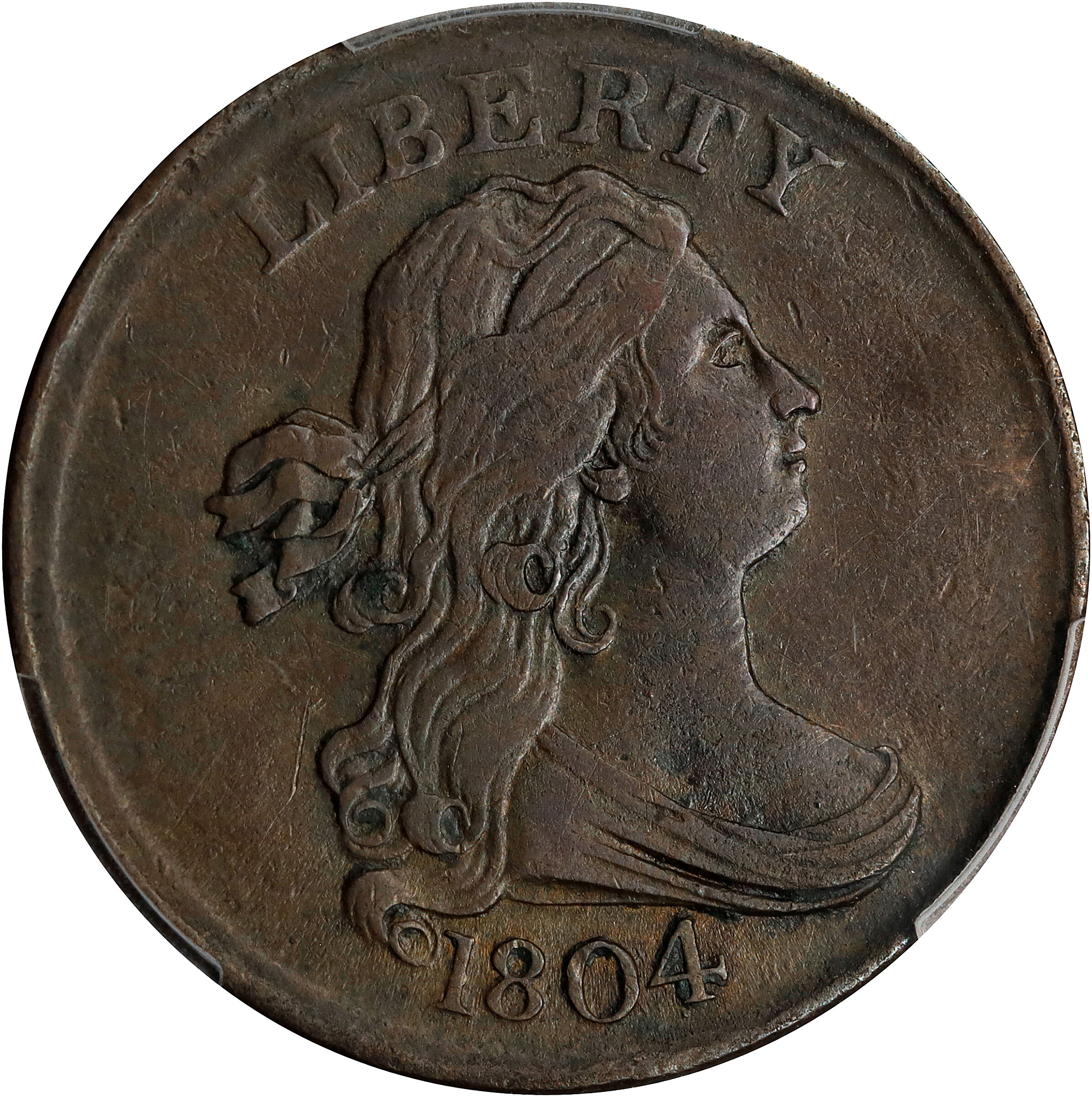 1804 Draped Bust Half Cent. C-10. Crosslet 4, Stems to Wreath. AU-50 (PCGS).