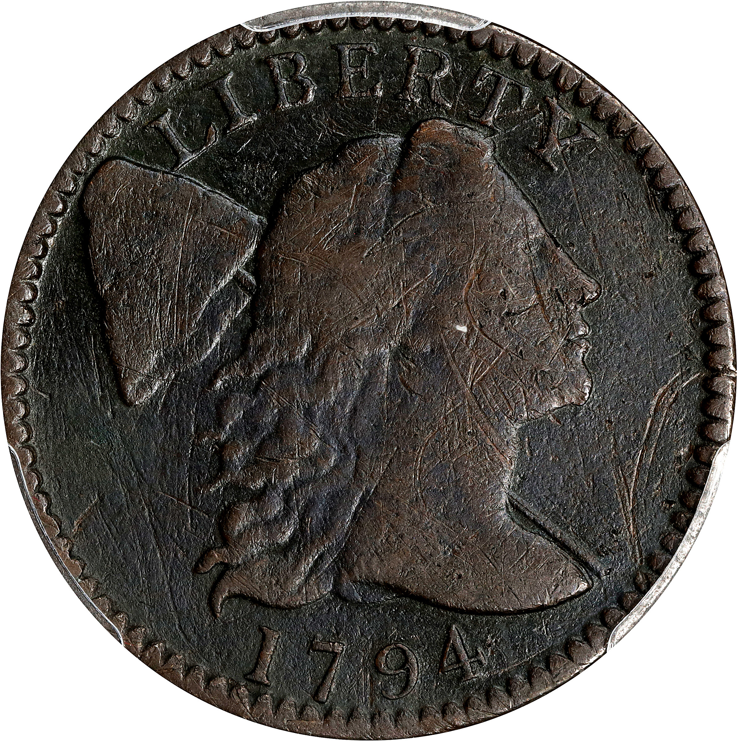 1794 Liberty Cap Cent. S-72. Head of 1795. VF Details--Damage (PCGS).