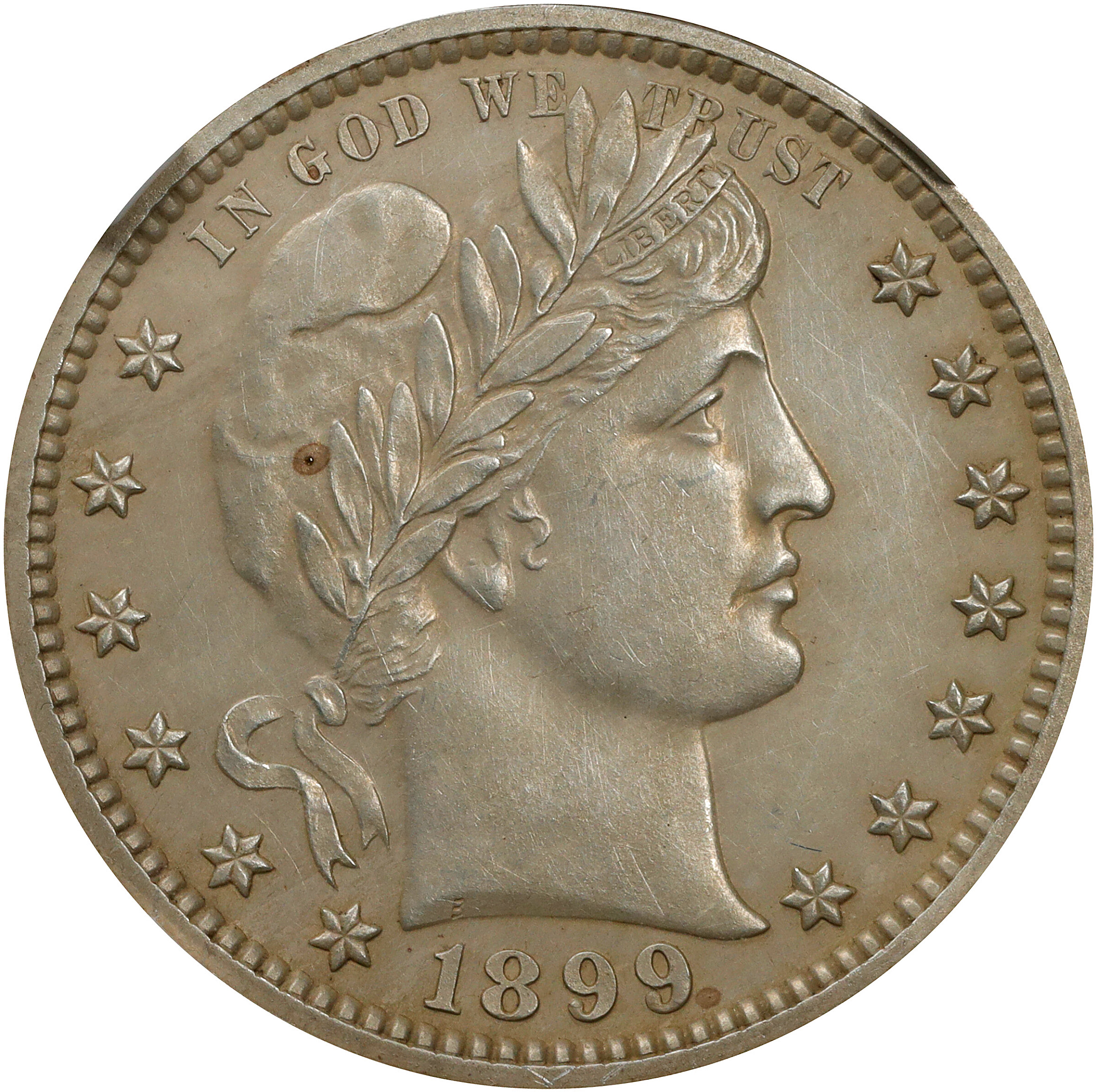 1899 Barber Quarter. Unc Details--Stained (NGC).