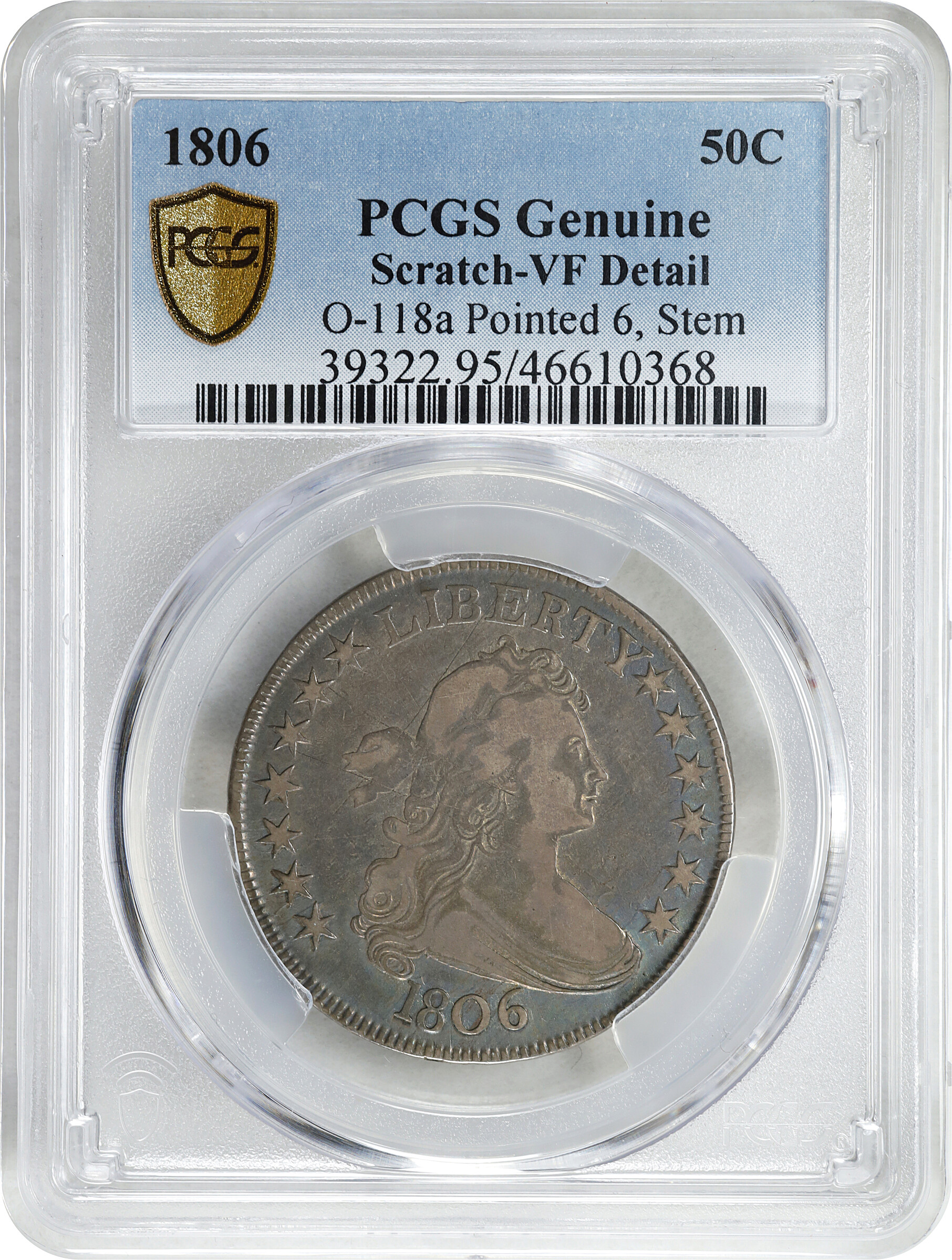 1806 50c Pointed 6, Stem, O-118a G6 CAC thumbnail 3