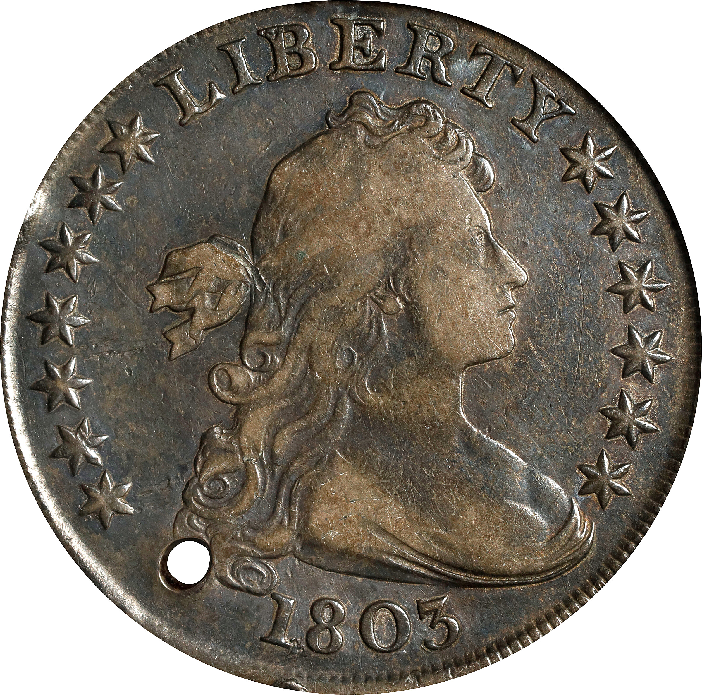 1803 Draped Bust Silver Dollar. BB-255, B-6. Large 3. VF Details--Holed (PCGS).