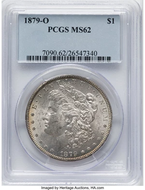 image for: 1879-O $1 VAM-4, O Over Horizontal O MS62 PCGS. PCGS Population: (13/12). NGC Census: (8/0). CDN: $280.50.Whsle. Bid for NG...