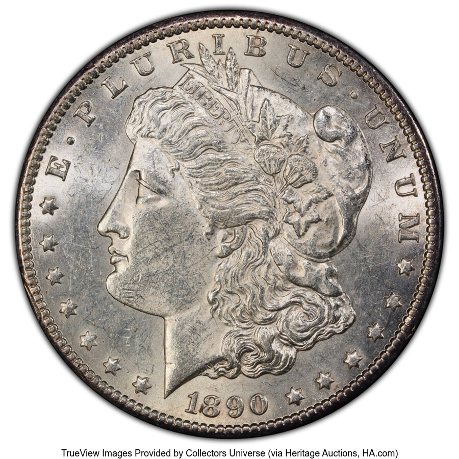 image for: 1890-CC $1 Tail Bar AU58 PCGS. PCGS Population: (33/427 and 0/19+). NGC Census: (0/0 and 0/0+). CDN: $1,250 Whsle. Bid for ...