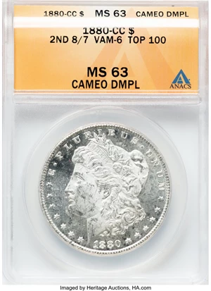 image for: 1880-CC $1 8 Over Low 7, VAM-6, Top 100, MS63 Cameo Deep Mirror Prooflike ANACS....
