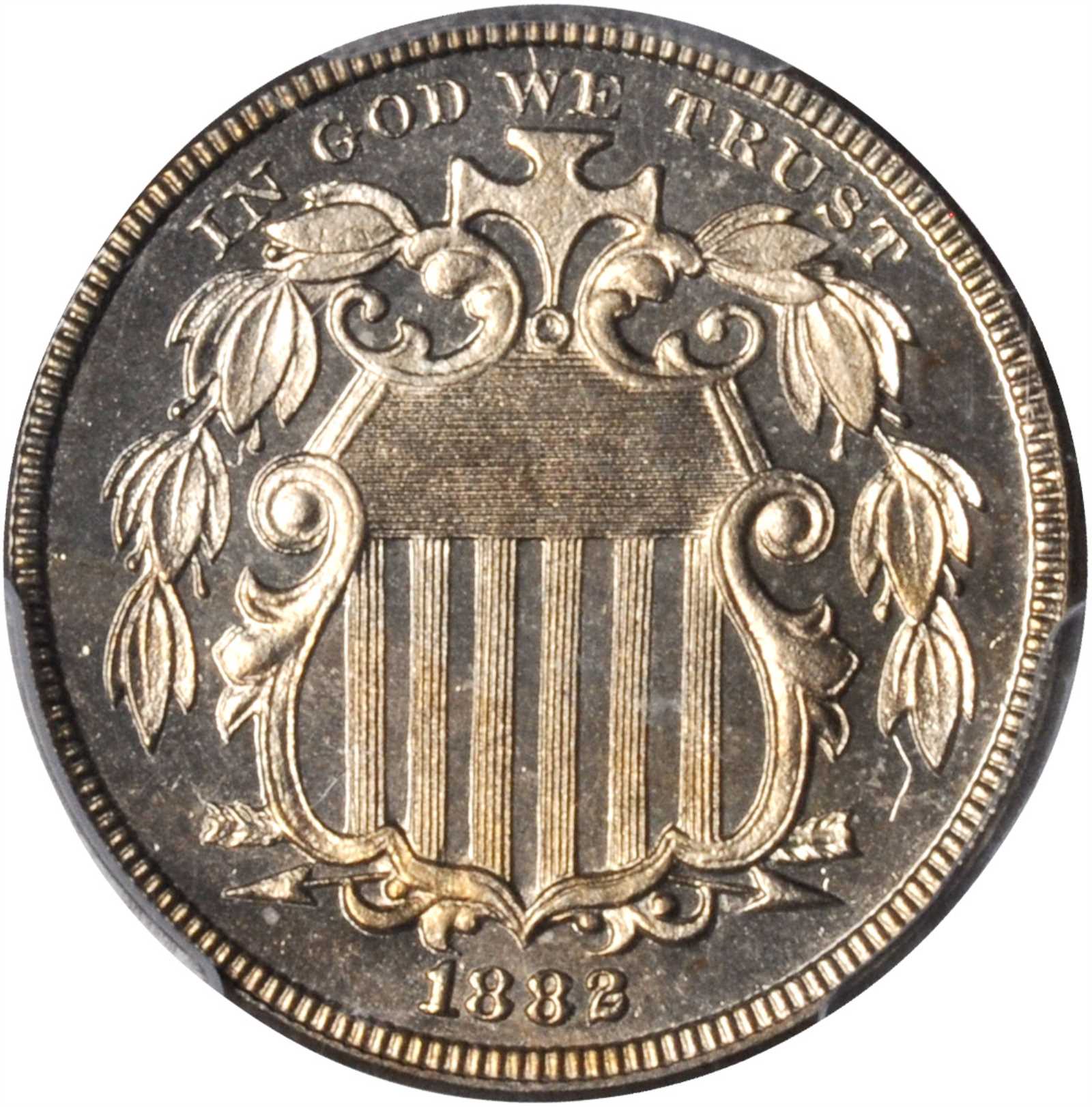 1882 Pattern Shield Nickel. Judd-1693, Pollock-1895. Rarity-7-. Nickel. Plain Edge. Proof-65 Cameo (PCGS). CAC.