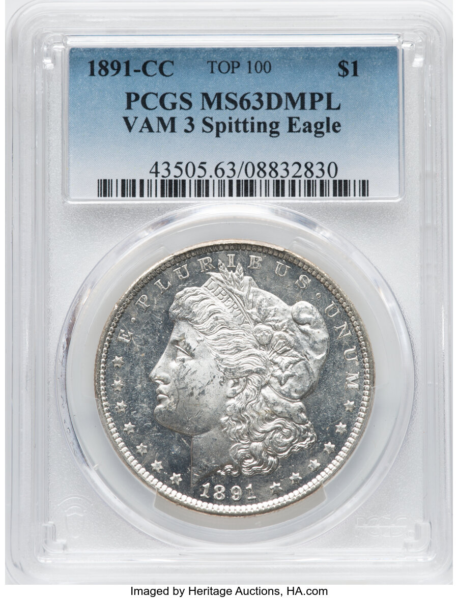 image for: 1891-CC $1 Spitting Eagle, VAM-3, Top 100, MS63 Deep Mirror Prooflike PCGS. PCGS Population: (11/6). NGC Census: (0/0). MS6...