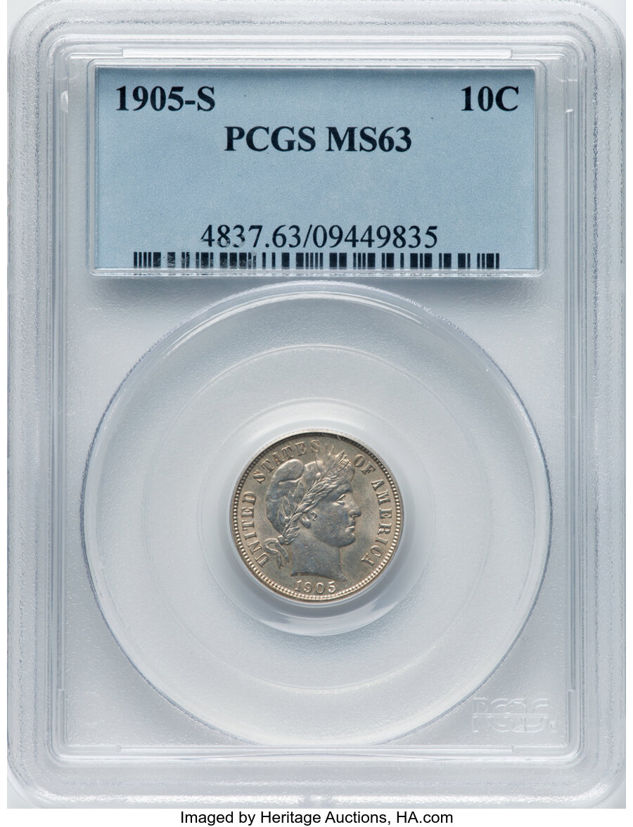 1905-S 10C MS63 PCGS. PCGS Population: (37/98). NGC Census: (33/41). CDN: $195 Whsle. Bid for NGC/PCGS MS63. Mintage 6,855,...