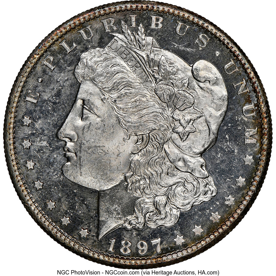1897-S $1 MS63 Deep Mirror Prooflike NGC. NGC Census: (43/144). PCGS Population: (61/137). CDN: $425 Whsle. Bid for NGC/PCG...